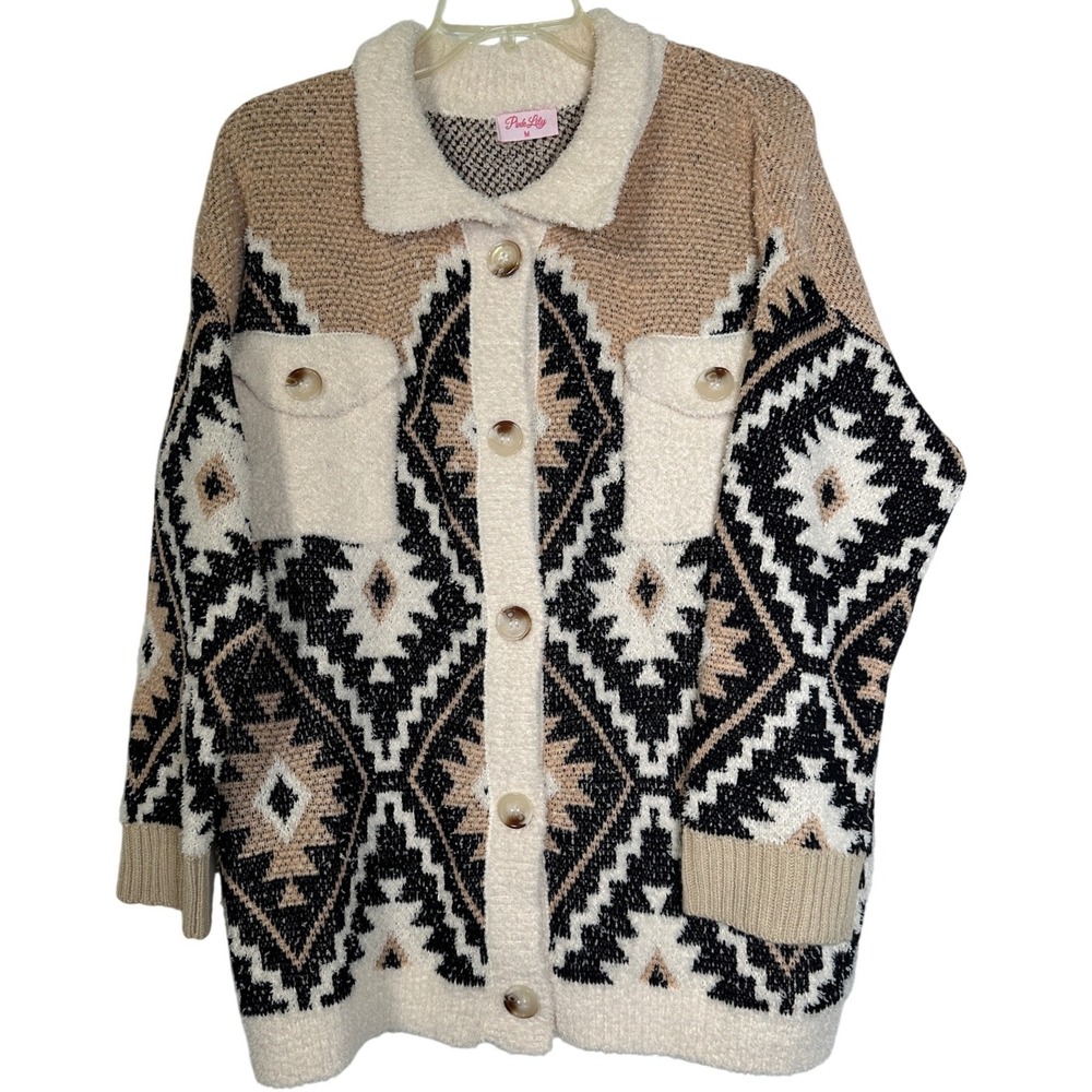 Aztec‎ Geometric Button Up Cardigan Sweater Tan Black Womens M Southwestern BOHO